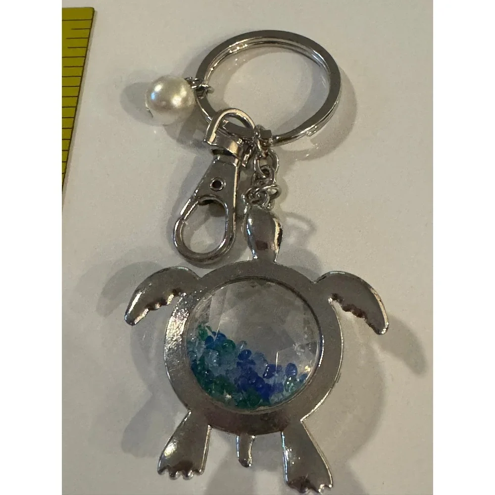 Silver Sea Turtle Shaker Keychain Blue Green Crystals AB Rhinestones Pearl Charm
